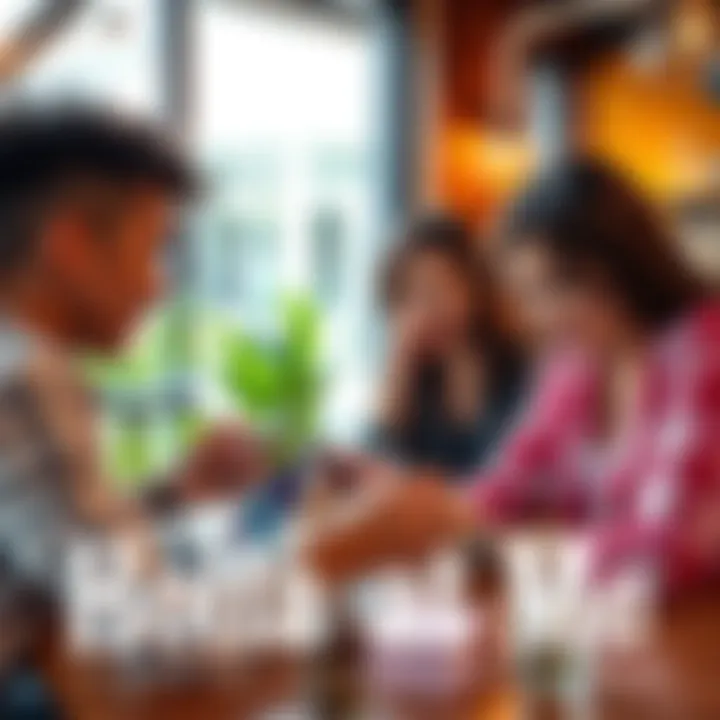 A group of friends using smartphones and laptops to connect and share ideas in a bright, modern café