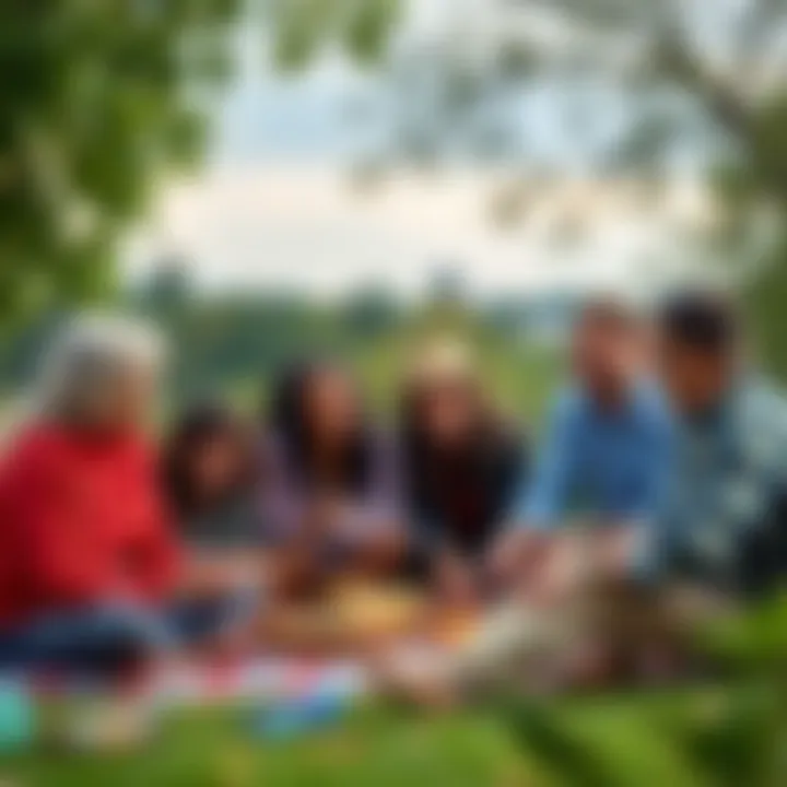 A diverse group of people enjoying a picnic together, laughing and sharing stories in a park setting.