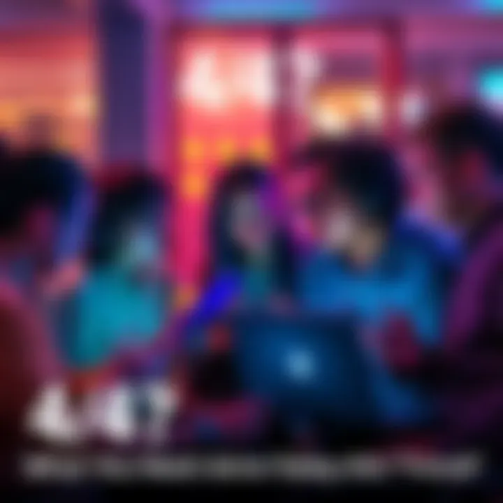 A group of people engaged in conversation about the 4/4 trend, with laptops and phones in hand, sharing ideas and insights.