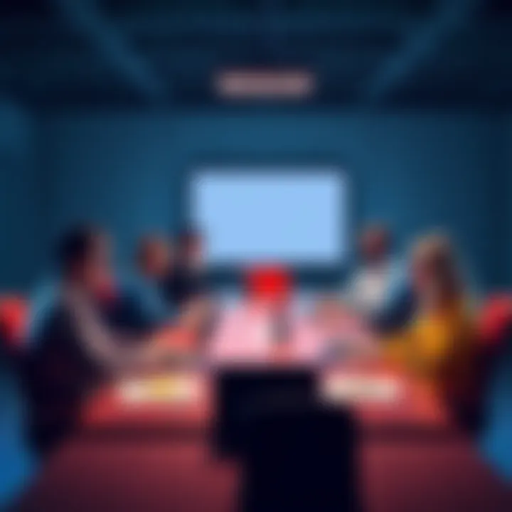 A group of people debating recent bonus changes at a meeting table with laptops and papers