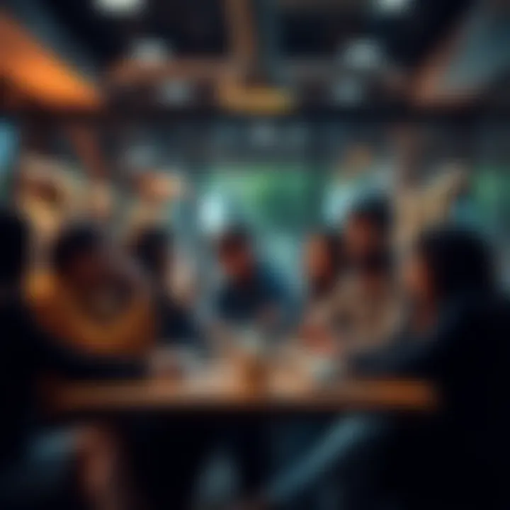A group of people gathered around a table, chatting about possible monthly bonuses, with expressions of curiosity and excitement.