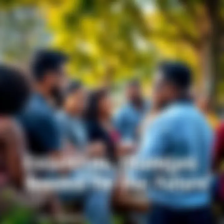 People discussing change A group of diverse people in a park discussing ideas for community improvement and future reforms