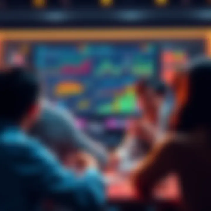 A group of people engaged in a lively discussion about the chances of a comeback, with charts and graphs on a screen in the background.