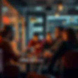 A group of people sharing experiences about monthly crypto bonuses at a cafe