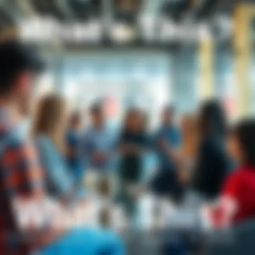 A group of diverse people engaging in conversation about the 'What's This?' trend in a modern setting, surrounded by digital devices and social media elements.