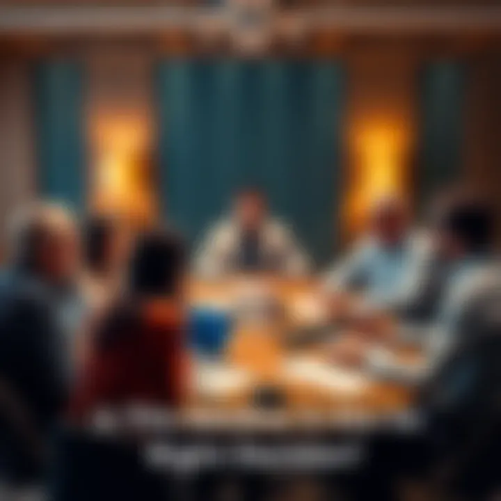 A group of people sharing opinions at a round table with papers and laptops on the table