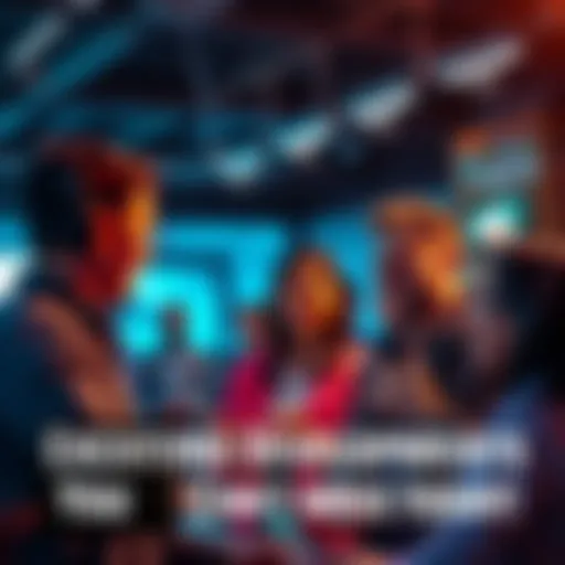 A group of people animatedly talking and sharing ideas about the latest trends and updates