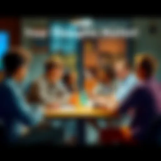 A group of diverse individuals sitting around a table, sharing thoughts and engaging in conversation about community topics.