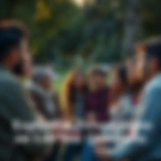 A group of diverse people engaged in a thoughtful conversation about important life questions in a park setting
