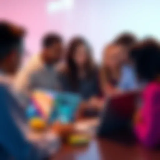 A group of people engaged in discussion around laptops showing mixed content.