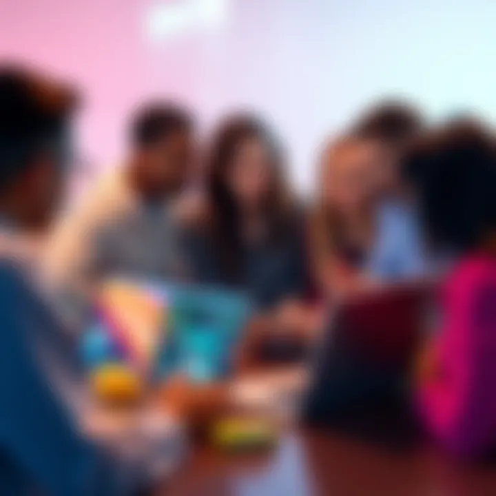 A group of people engaged in discussion around laptops showing mixed content.