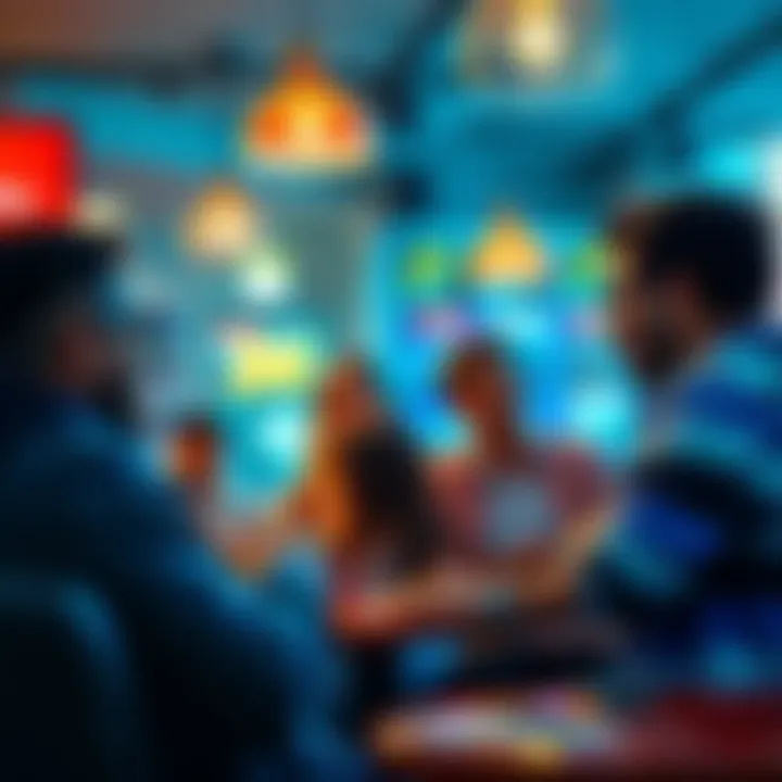 People discussing No Shot Bro trend A group of people engaged in lively conversation about the No Shot Bro trend at a cafรฉ.