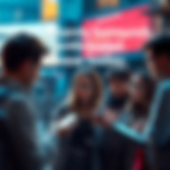 A group of people gathered around, looking at their phones and discussing the anticipated release