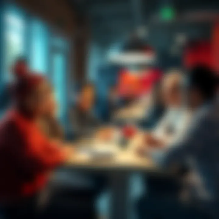 A group of people engaging in a lively discussion around a table, sharing views on important issues in a community setting.