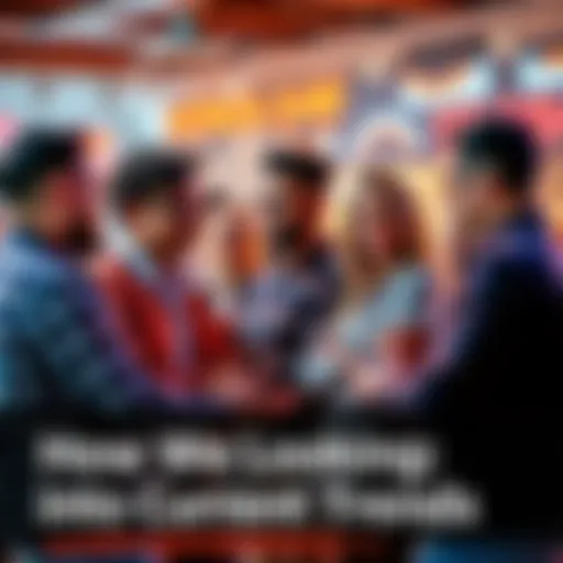 People Discussing Trends A group of diverse individuals engaged in a conversation about current societal trends in a lively setting.