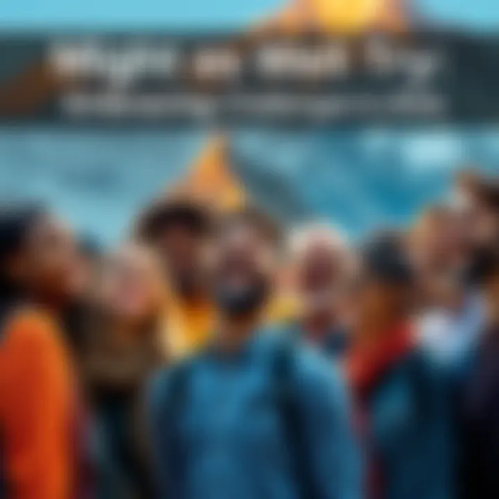 A group of diverse people smiling and facing a mountain, symbolizing growth and taking risks in 2026.
