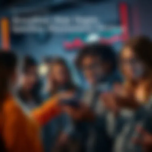 A group of people discussing a hot topic on their devices, showing expressions of interest and engagement.