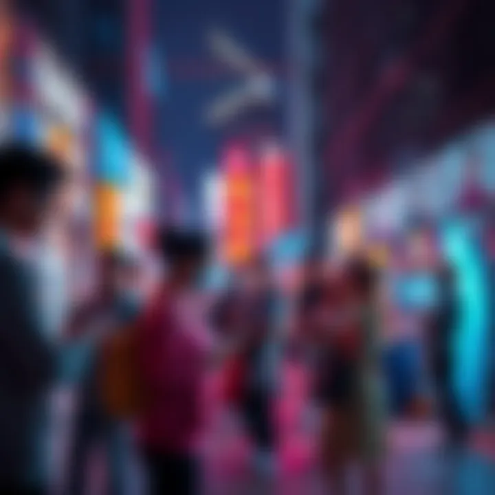 A group of diverse people interacting with technology and art in a vibrant urban environment