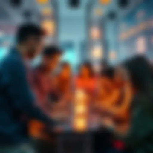 A diverse group of people participating in an online forum discussion on their devices, sharing ideas and interacting with each other.