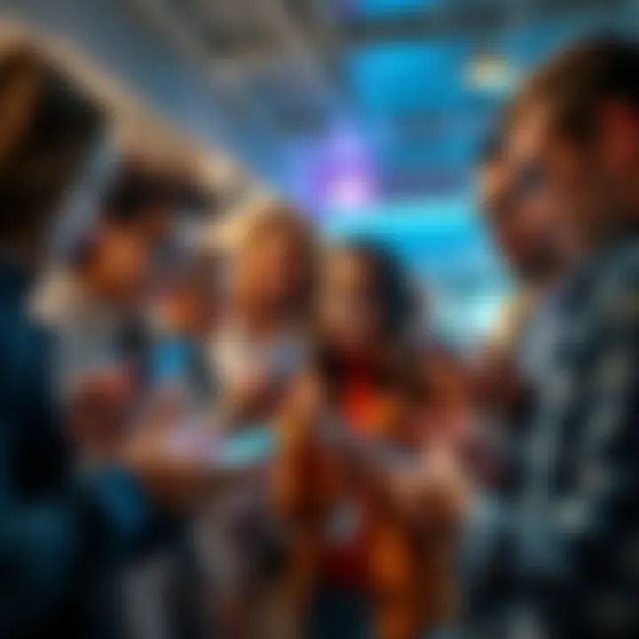 People exchanging short messages A group of diverse people engaged in a lively discussion using smartphones, illustrating the impact of direct communication through short messages.