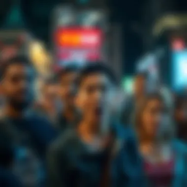 A group of diverse people showing intense emotions, with expressions of anger, frustration, and passion, standing together in an urban setting.