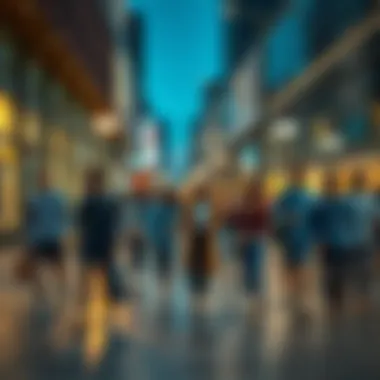 A diverse group of people walking confidently in a well-lit urban area, showcasing a sense of security and community.