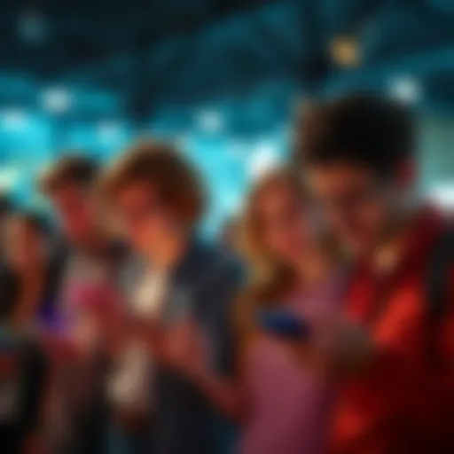 A group of people looking frustrated as they use their smartphones, indicating dissatisfaction with an app, with some discussing among themselves.