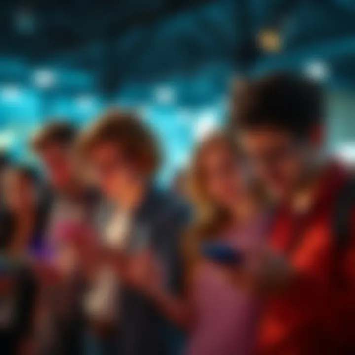 A group of people looking frustrated as they use their smartphones, indicating dissatisfaction with an app, with some discussing among themselves.