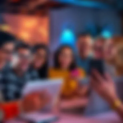 A diverse group of people laughing while using laptops and smartphones, showcasing humor in digital culture