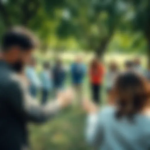 A diverse group of people gathered in a circle, holding hands and praying together in a park, reflecting the influence of faith on community and current events.