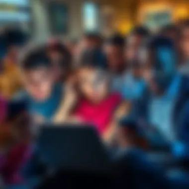 A diverse group of people showing surprised and concerned expressions while reading financial news on phones and laptops