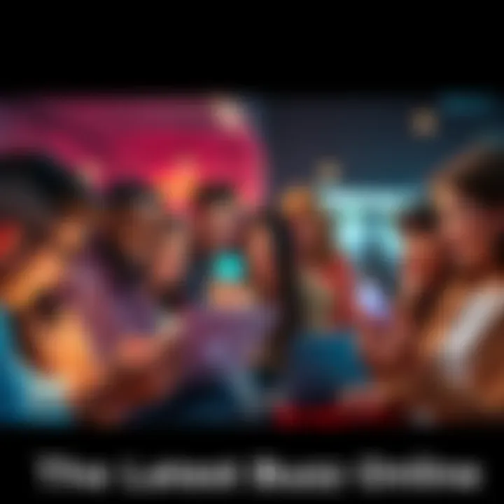 A group of diverse people engaging in discussions over smartphones and laptops, expressing various emotions about current online trends.