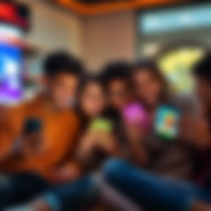 People sharing memes online A group of friends laughing together while looking at memes on their phones, showcasing humor and connection through digital communication.