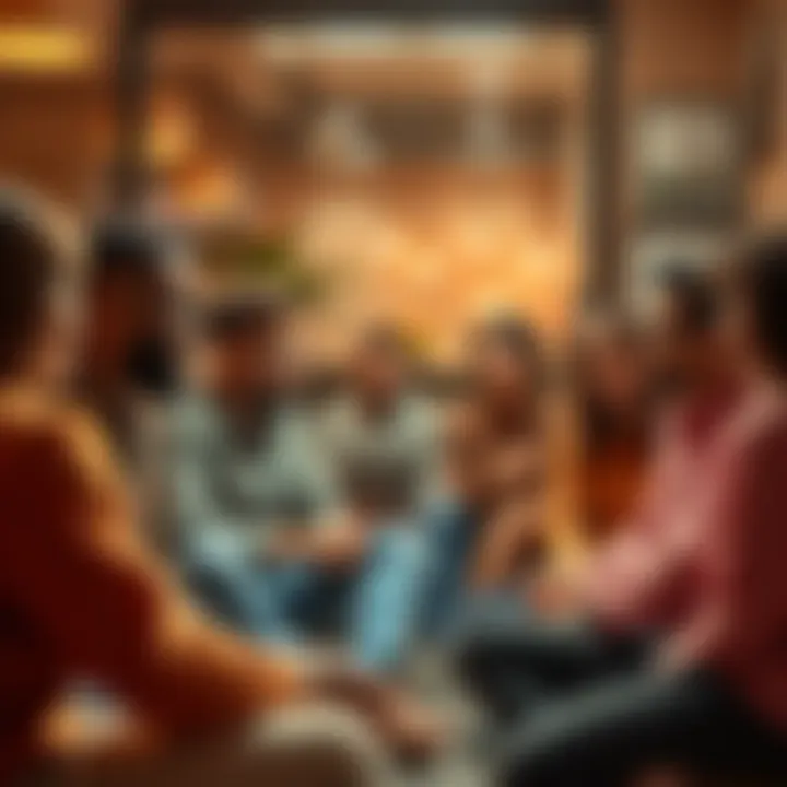 A group of people sitting together, discussing their challenges and supporting each other in a warm environment.