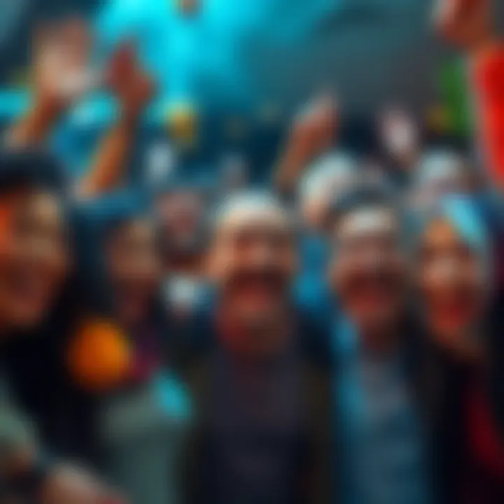 A diverse group of people smiling and cheering together in celebration of good news, showing enthusiasm and joy.