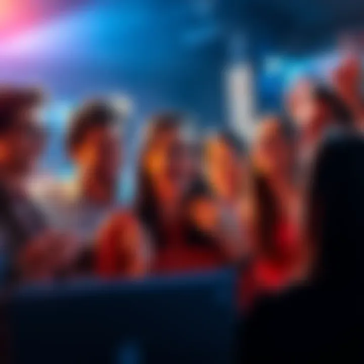 A group of people excitedly discussing a new software update, showing smiles and enthusiasm.