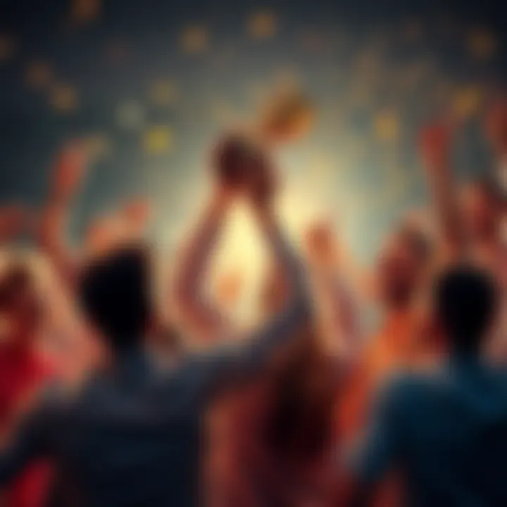 A group of people joyfully celebrating a victory with a trophy in hand