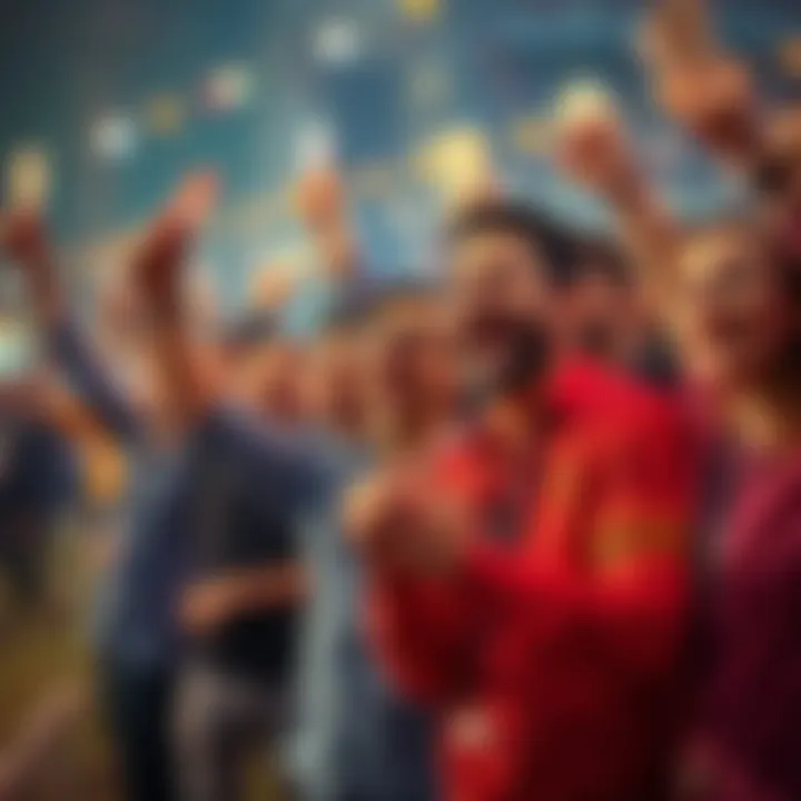 A diverse group of people cheering and celebrating while holding betting slips and cash, creating an atmosphere of excitement and joy.