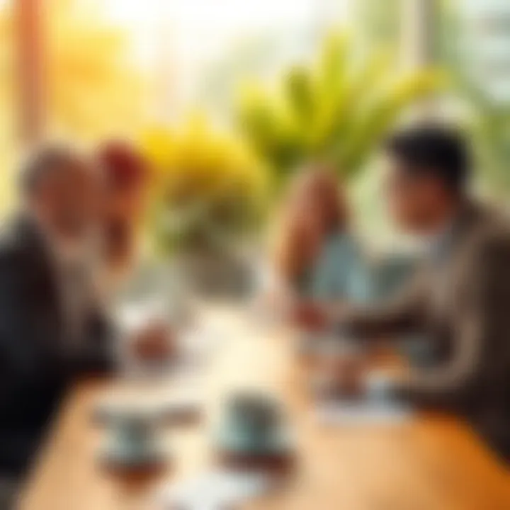 A group of people sharing their experiences about receiving monthly bonuses at a table with coffee and papers