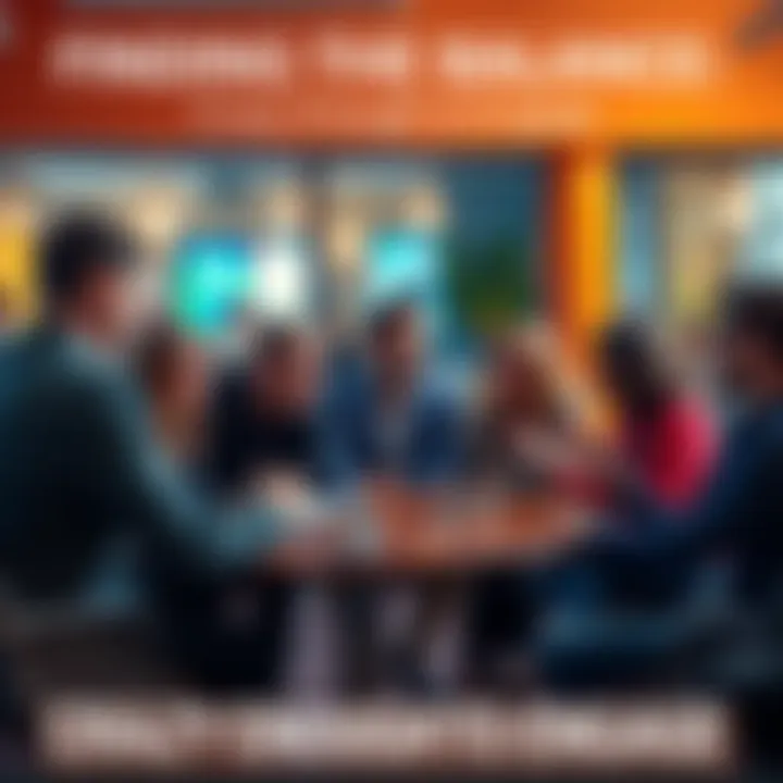 Group of people discussing ideas A diverse group of people engaged in a lively discussion about balancing normal and eccentric behaviors, with expressive gestures and animated expressions.