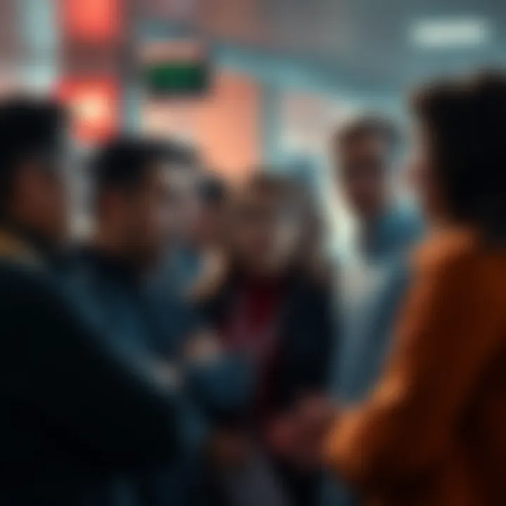 A group of people engaged in conversation about refunds, showing expressions of confusion and frustration.