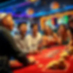 A group of friends laughing and playing at a casino table, showing excitement and joy while playing cards and betting chips.