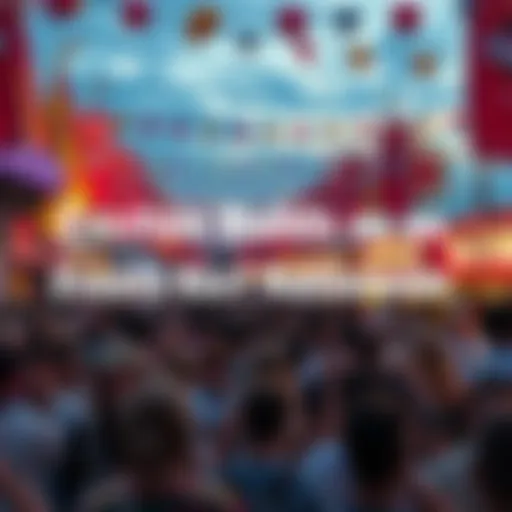 Crowd of people celebrating at an outdoor festival with colorful decorations and banners