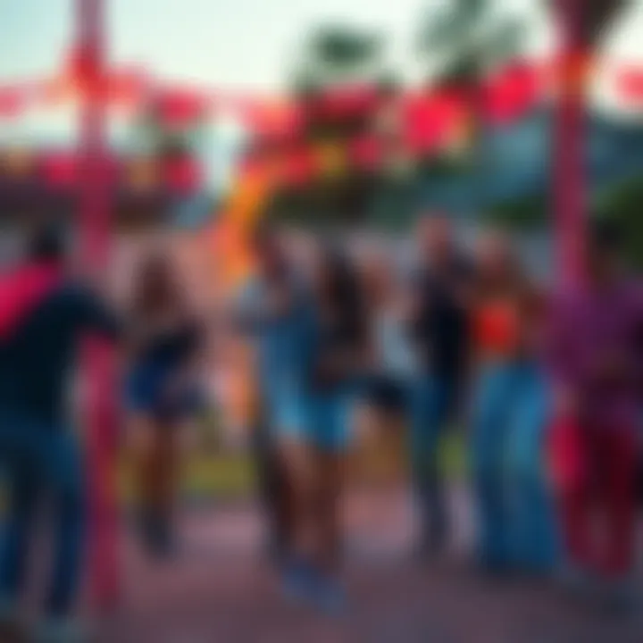 A group of friends laughing and playing Limbo at a backyard party, with a limbo stick set up between two poles.