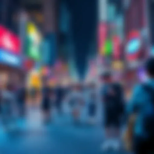 A lively city street filled with people engaging with mobile reels, showcasing excitement and fun.
