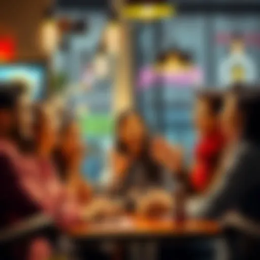 A group of happy individuals discussing their hopes for bonuses at a café, showing enthusiasm and anticipation.