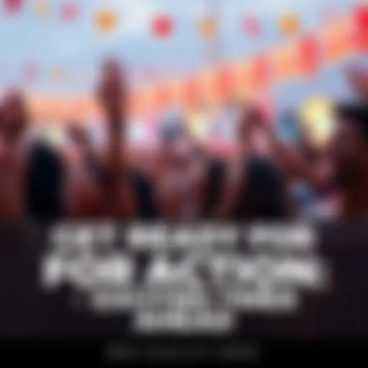 A group of diverse people cheering with excitement as they look towards the horizon filled with colorful banners and festive decorations.