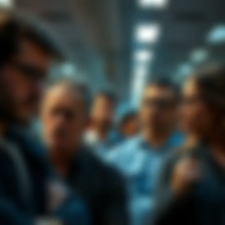 A group of people showing expressions of disappointment and frustration in a public setting