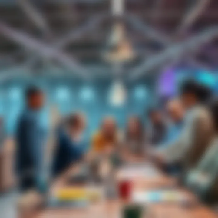 A diverse group of people collaborating on innovative solutions to overcome challenges in a modern workspace