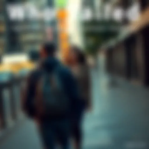 Two people walking closely together, one appearing to follow the other, in an urban setting